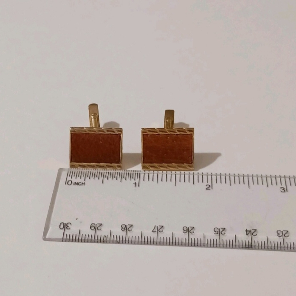 VTG Swank Gold Tone Rectangular Cufflinks Brown Faux Leather Inlay MCM Retro - Picture 7 of 9